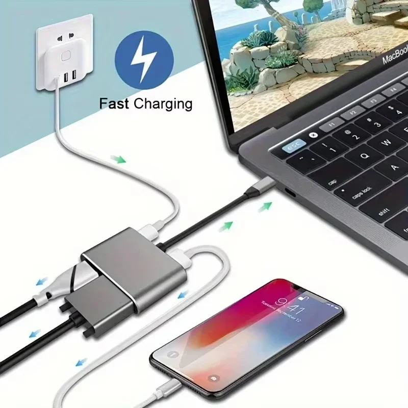 4 in 1 USB C Multiport Hub Adapter Docking Station Type C to 4K VGA 100W PD Fast Charge Splitter for MacBook Pro Air Laptop