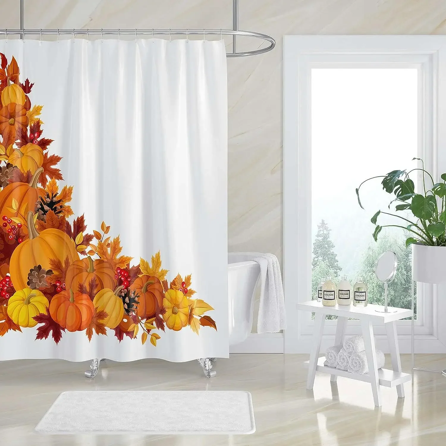 Brown Thanksgiving Corner Pumpkins and Autumn Leaves Colorful Border Fall Leaf Gourd November Season Bath Curtain Bathroom Decor