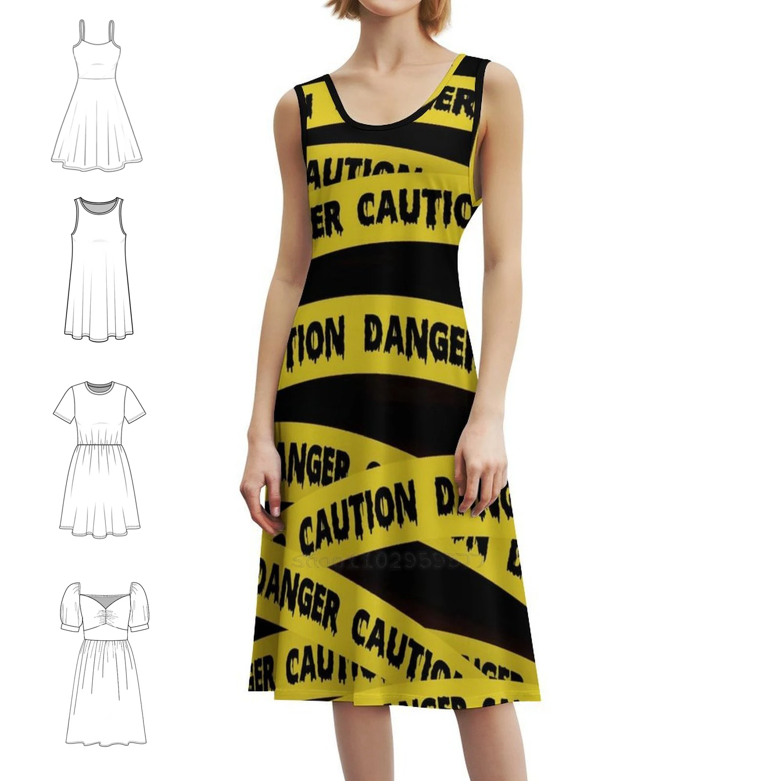 الحذر الشريط خطر الجريمة المشهد الشريط البوهيمي أكمام فستان متعدد طباعة الشاطئ عطلة فستان حفلة الحذر الشريط خطر الجريمة #1