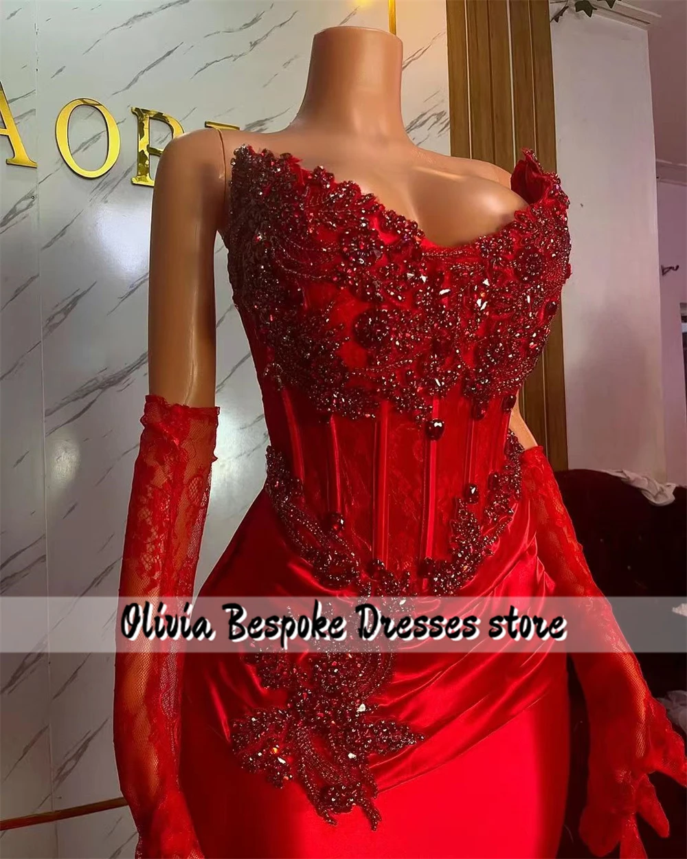 Fascinating Red Prom Dresses Beaded Rhinestones With Gloves Mermaid African Wedding Party Dress Black Girls Birthday Customized