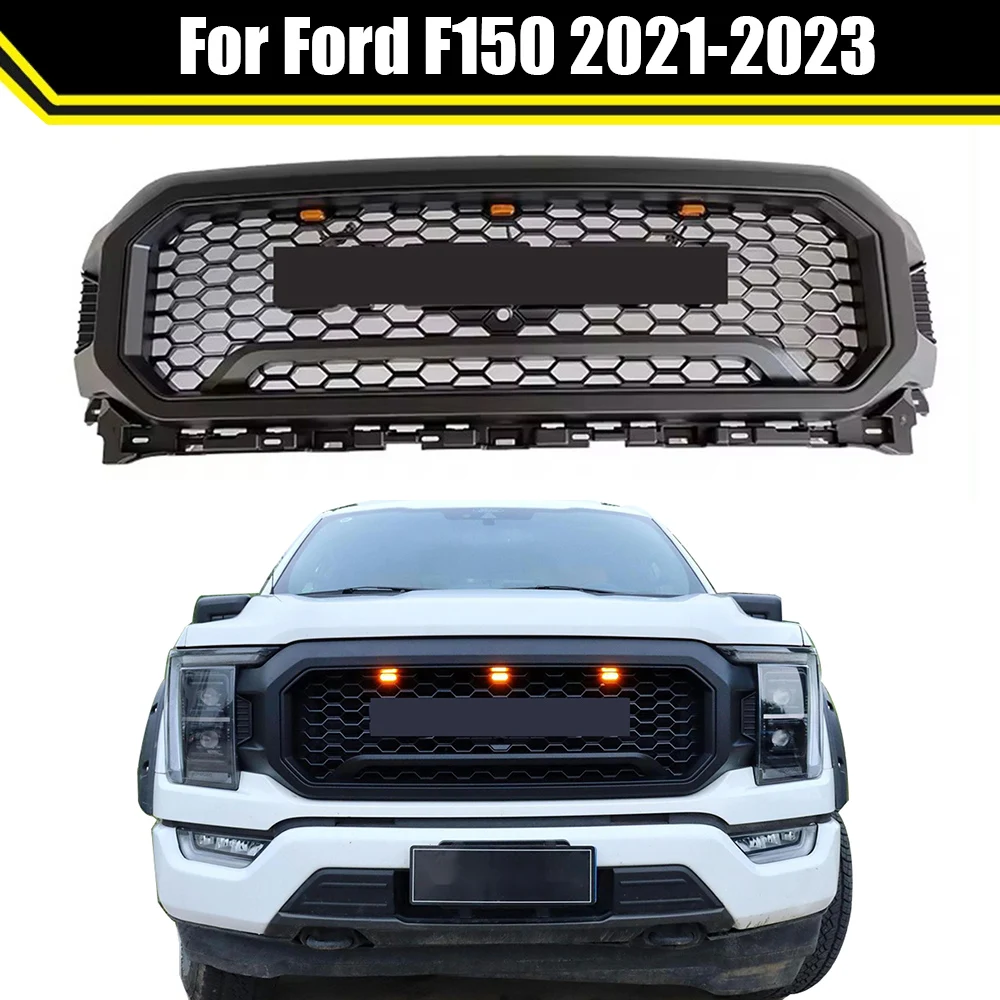 

Front Bumper Grill With Light Mesh Grid For Ford F150 2021 2022 2023 Retrofitted Shelby Grills Pickup Racing Grille net Grilles