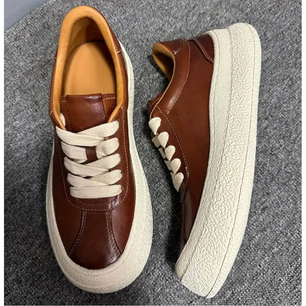 Caramel Brown Burnished Leather Platform Sneakers, with off-white laces and textured sole