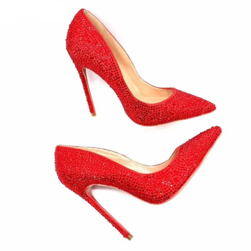 

Stiletto spring new pointed toe light red rhinestone sexy single shoes banquet dress large size customized women's shoes