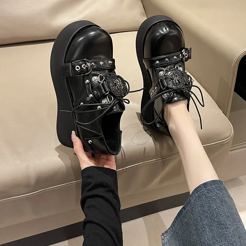 Japanese Kawaii Punk Goth Chunky Platform Pumps Women Bowtie Wedges Mary Jane Lolita Shoes Woman Heart Ankle Buckle Black Shoes