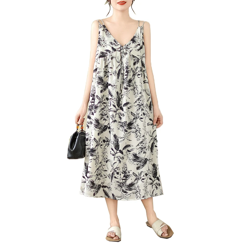 

Floral Printed Chiffon Long Sling Dresses For Women Summer Female V Neck Sleeveless Large Size Elegant Casual Beach Slim Vestido