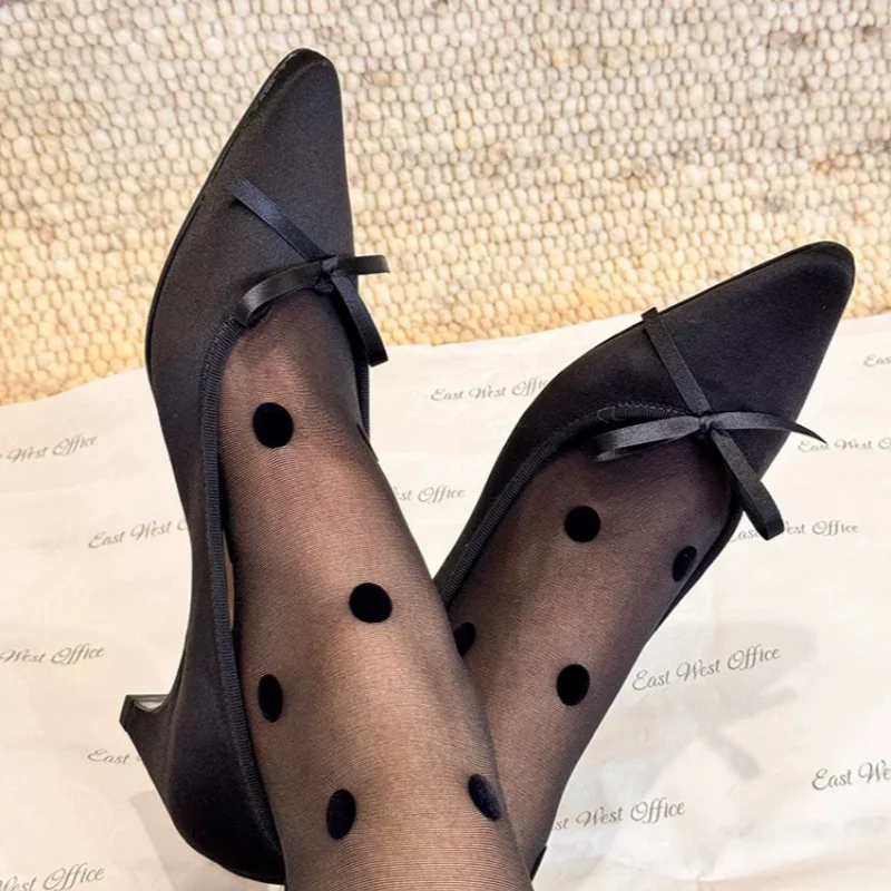 

Butterfly-knot Pointed Toe Pumps Kitten Heels Retro Satin Shallow Ladies Shoes Mid-heel Women Single Shoes Zapatos Mujer