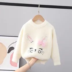 Girls Sweaters Baby Clothes Soft Smooth Flocking Pullover Bunny Bowtie Winter New Rabbit Children Knitted Sweater Child