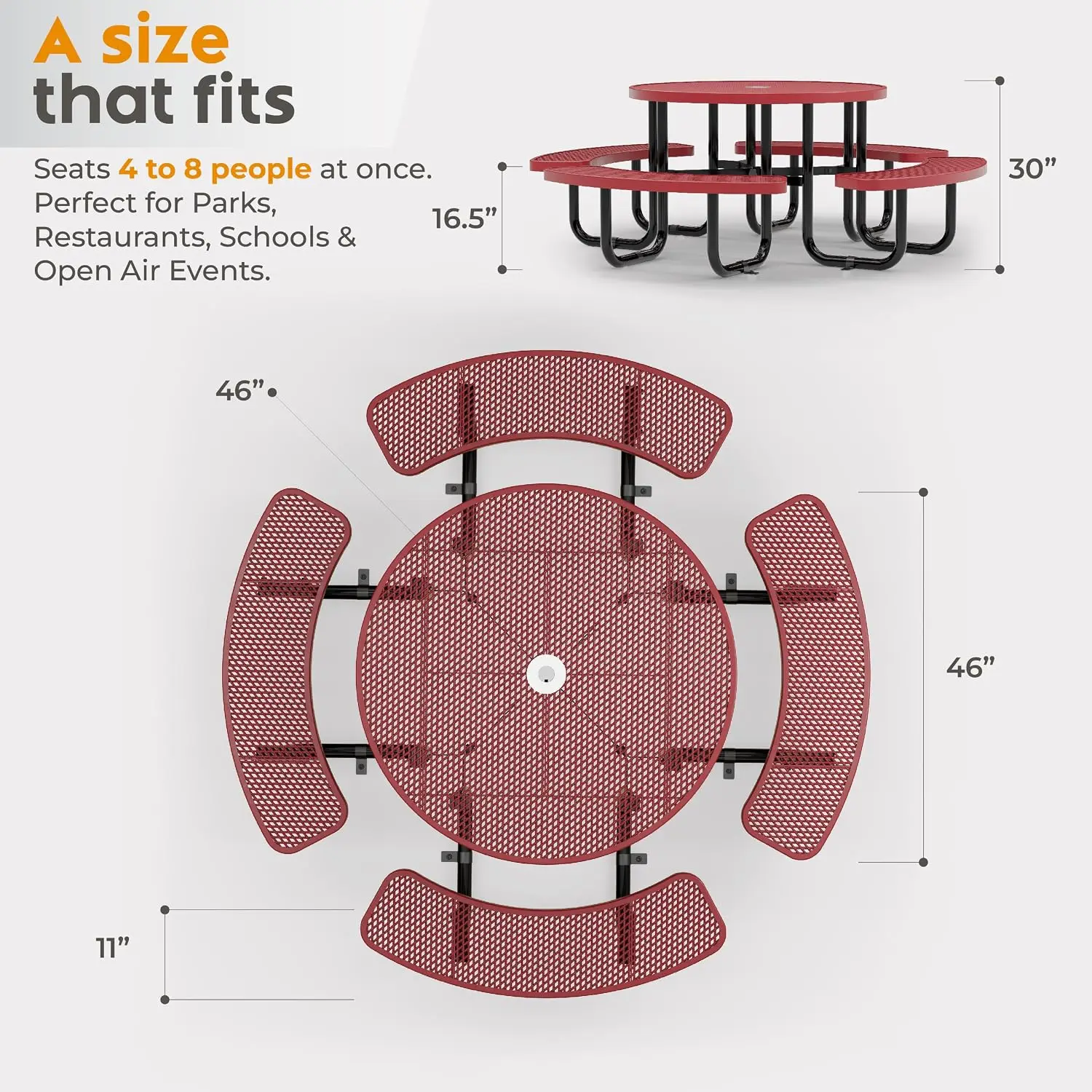 Commercial Metal Picnic Table (Red, 46in, Round, Expanded Steel)