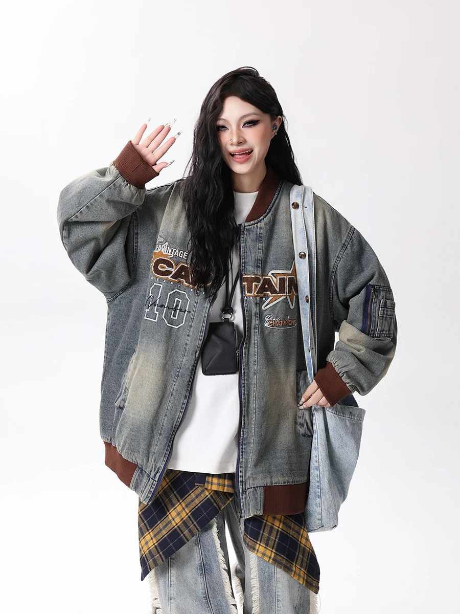 

Boeax ретро американская джинсовая хлопковая куртка женская зимняя Thiened бейсбольная куртка верхняя одежда уличная одежда в стиле хип-хоп свободная посадка на молнии