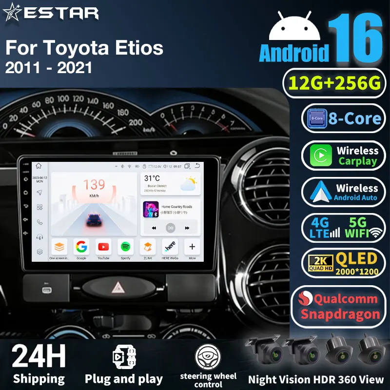 Radio para coche Android 16 para Toyota Etios 2011 - 2021, Carplay inalámbrico, reproductor multimedia con GPS, unidad principal estéreo, BT, DSP