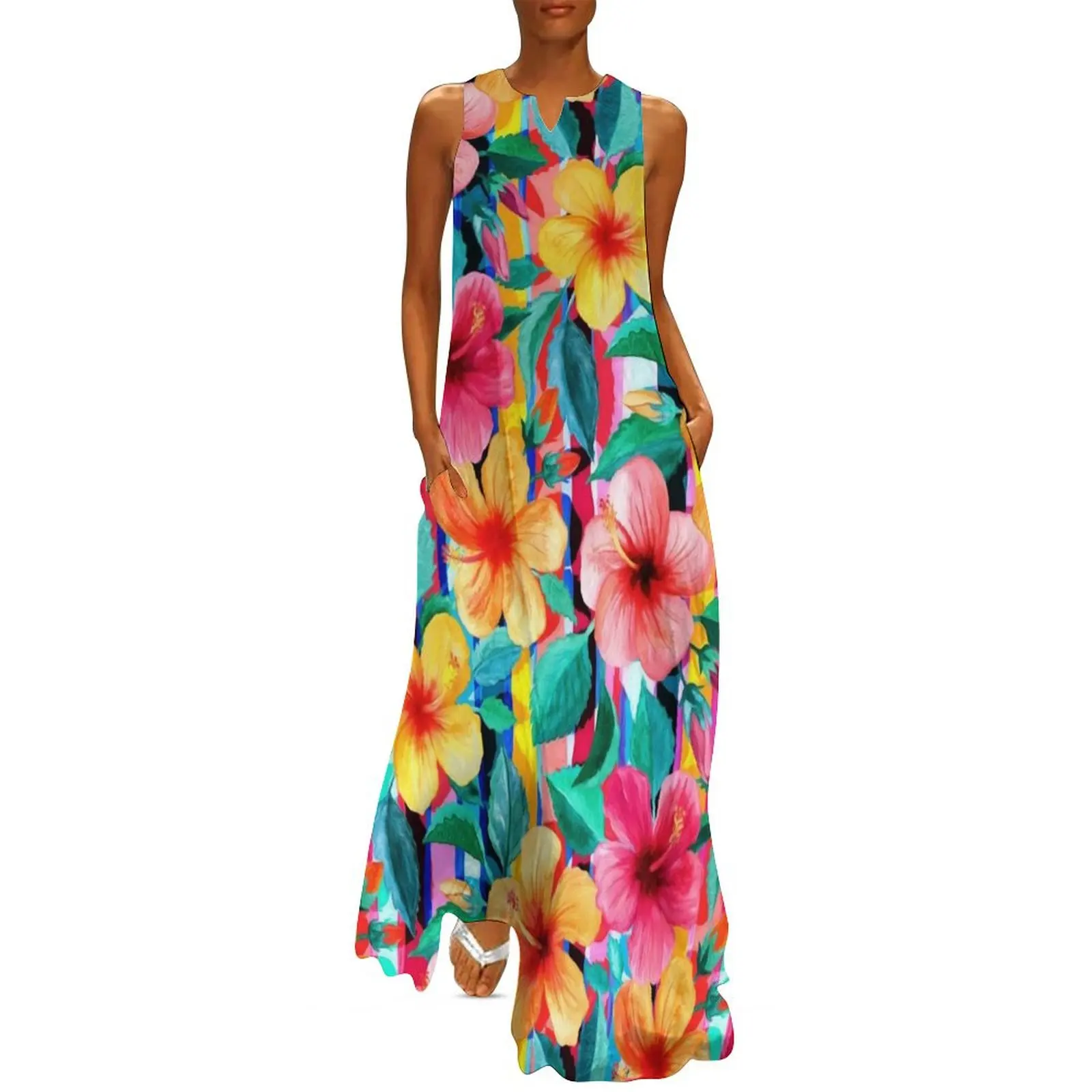 

OTT Maximalist Hawaiian Hibiscus Floral with Stripes Long Dress women's dresses luxury women long dresses Dress