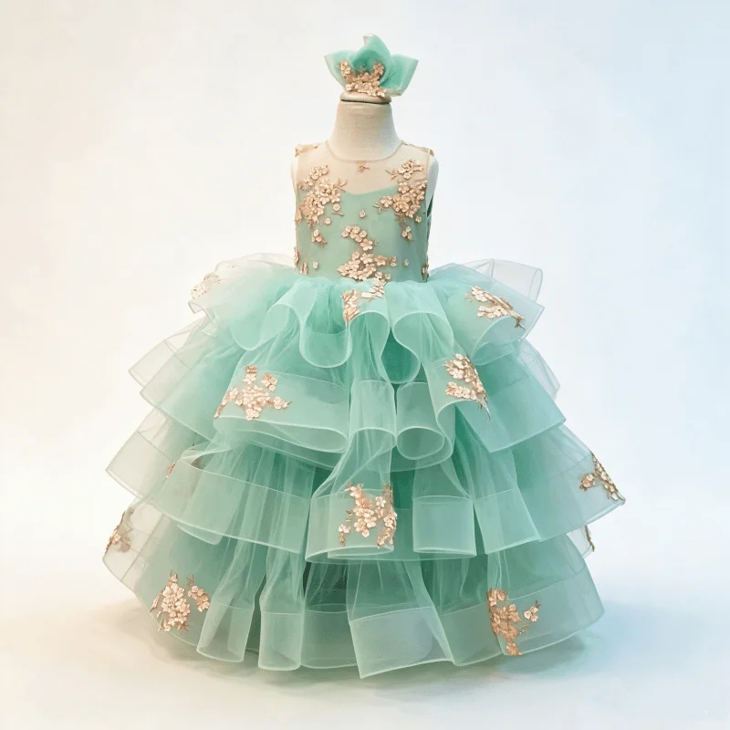 Customized Flower Girl Dress for Wedding Mint Green Rose Gold Applique Sleeveless Multi‑Layer Ruffle Tulle Long  Pageant