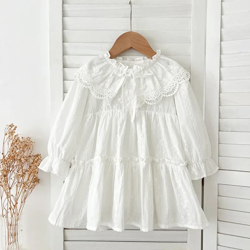 

Kids Dress New Spring 2025 Lace Girl Children Cotton Simple Style Korean Fashion Baggy Long Sleeve