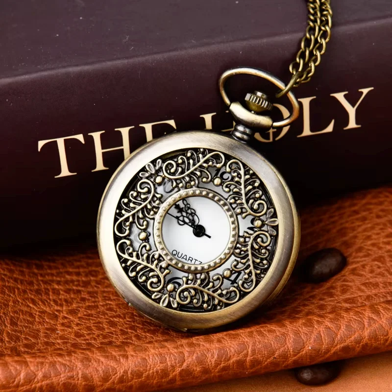 

Bronze pocket watch hollow flower cane quartz watch large clamshell necklace pocket watch hang watch