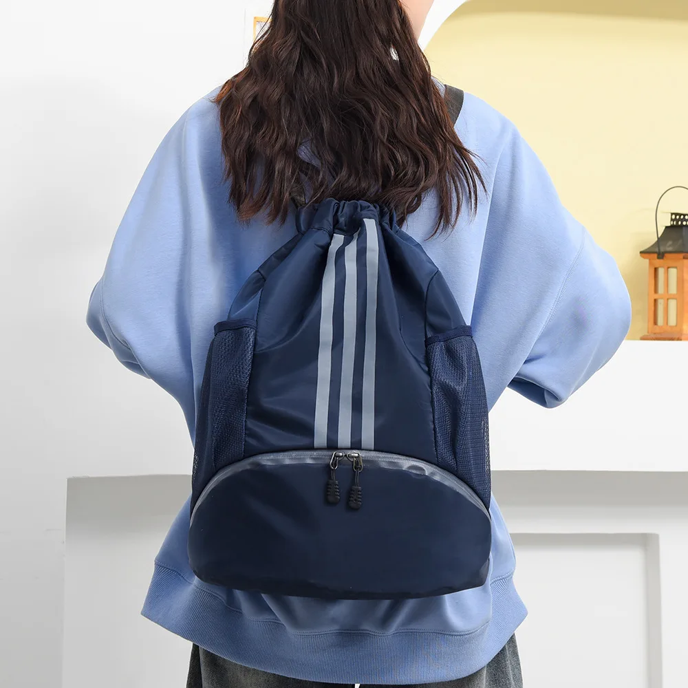 Sports Fitness Backpack Contrasting Color Stripe Basketball Nylon Waterproof Drawstring Bag Outdoor Casual Lightweight Bag