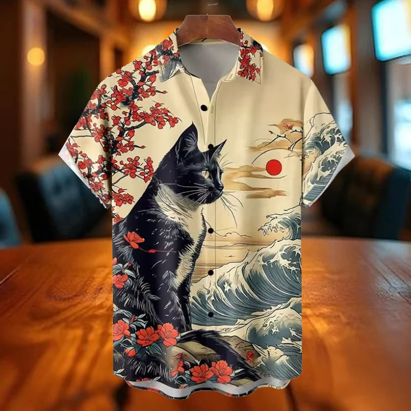 Plus Size Men's Japanese Ukiyo-E Sakura Plum Blossom & Cat Print Button Pocket Short Sleeve Shirt 2025 Summer New Holiday Man