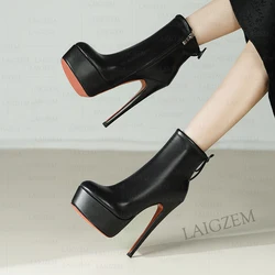 LAIGZEM Women Ankle Boots Real Leather/Suede Round Toe Platform 15CM Zip Up Thin High Heels Short Booties Shoes Woman Size 33 39
