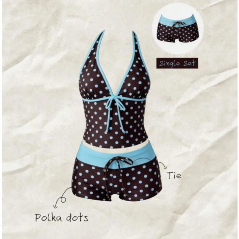 2026 New Women Swimwear Polka Dot 2-Piece Tankini Set Halter V Neck Front Tie Cami Top Contrast Waistband Drawstring Swim Shorts