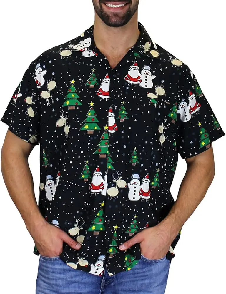 Mens Christmas Hawaiian Shirts Funny Printed Short Sleeve Button Down Shirt Casual Party Tropical Holiday Beach Tops