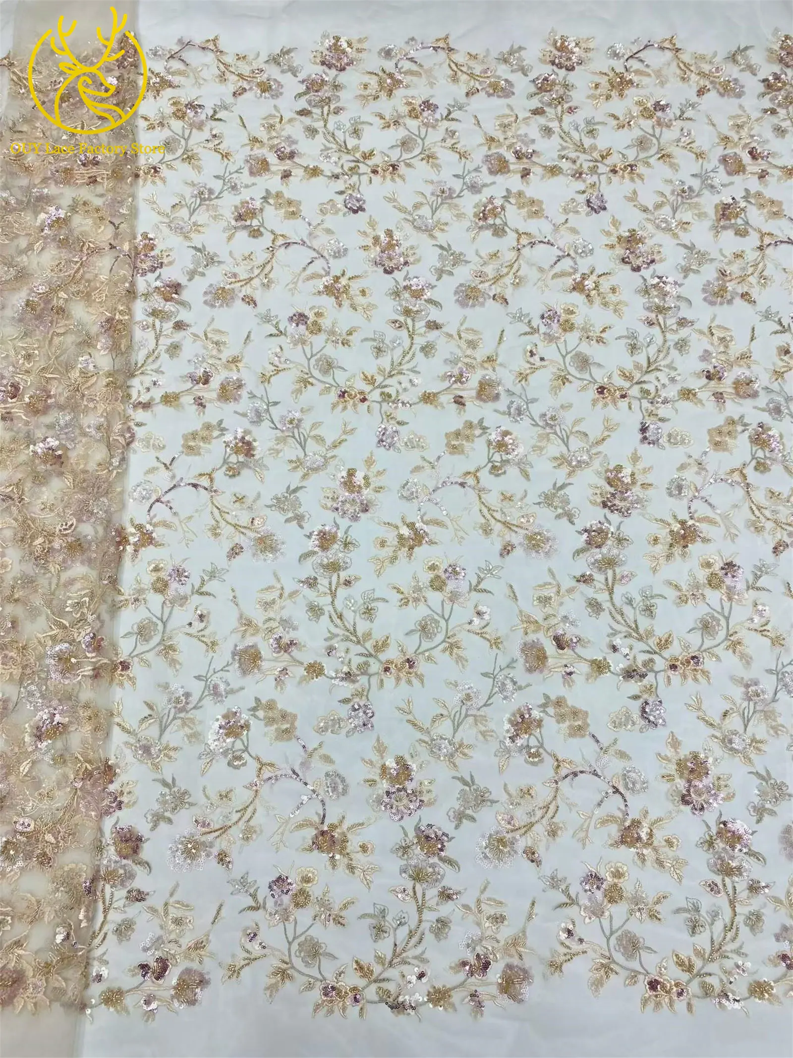 Eleganter afrikanischer Spitzenstoff mit Pailletten und Stickerei, lila, nigerianischer französischer Tüll-Spitzenstoff mit Perlen für Brautkleider und Partykleider zum Nähen – Detail 7
