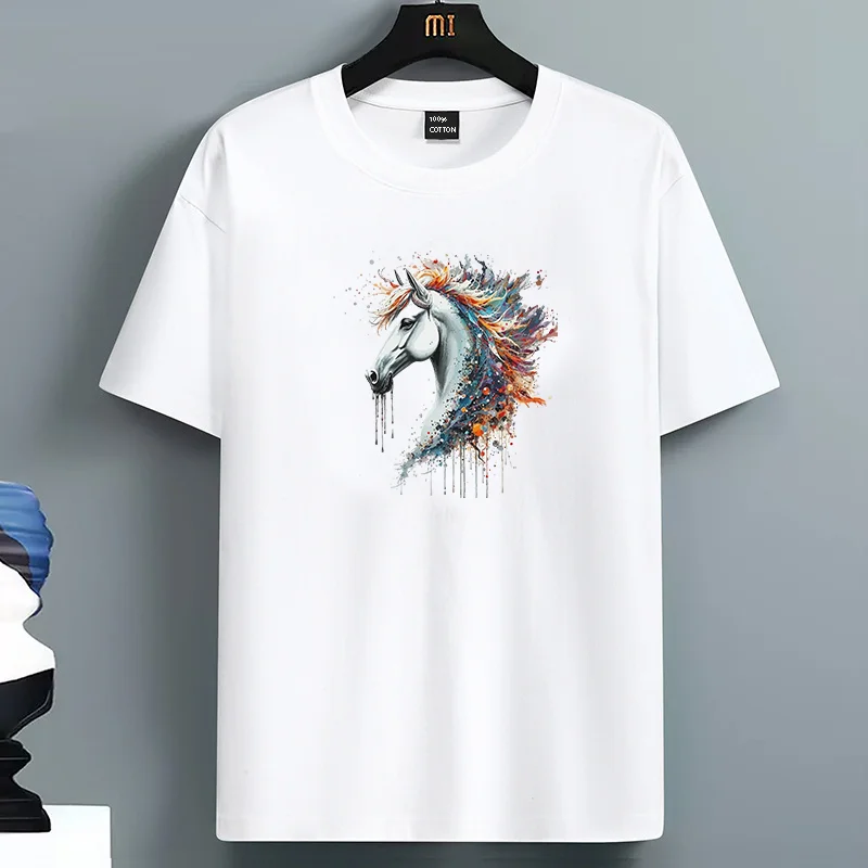 

Creative 100% Cotton For Men's Summer Casual Short-Sleeved T-Shirt With Horse Pattern FashionPrint And Round-Neck T-Shirt Top