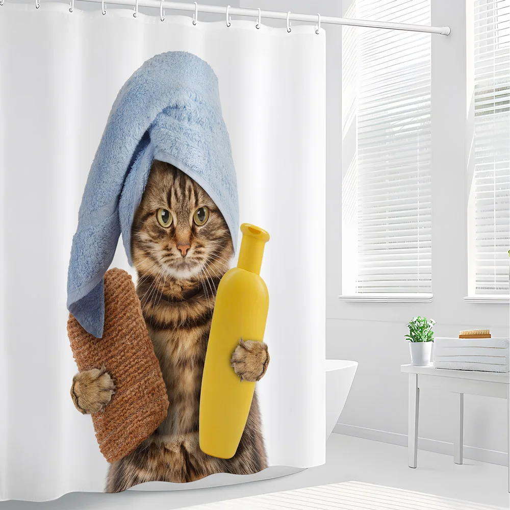 Funny Animal Shower Curtains Cute Cat Bathing Pet Kitty Pattern Bathroom Decor Polyester Fabric Hanging Curtain Set