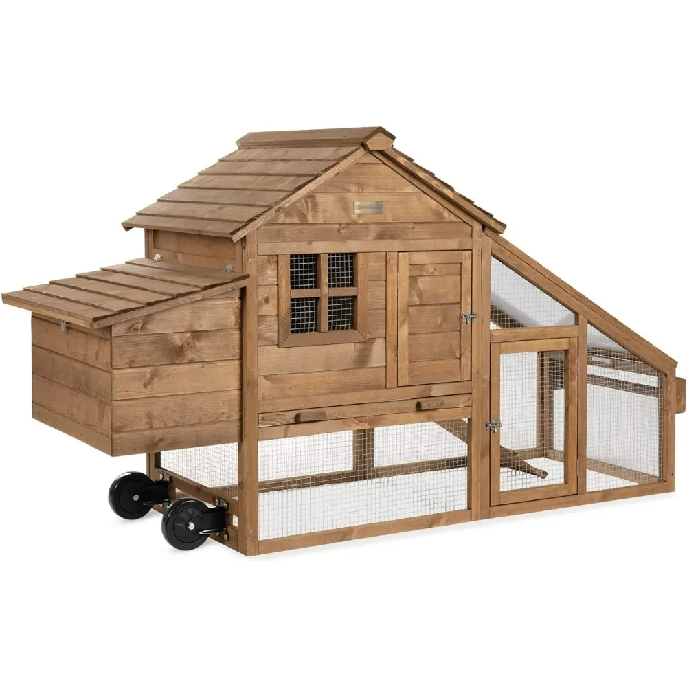 

Mobile Fir Wood Chicken Coop Hen House Poultry Cage 71in for 3-5 Hens, Outdoor, Animal Care w/Wheels,Removable Tray, UV Panel