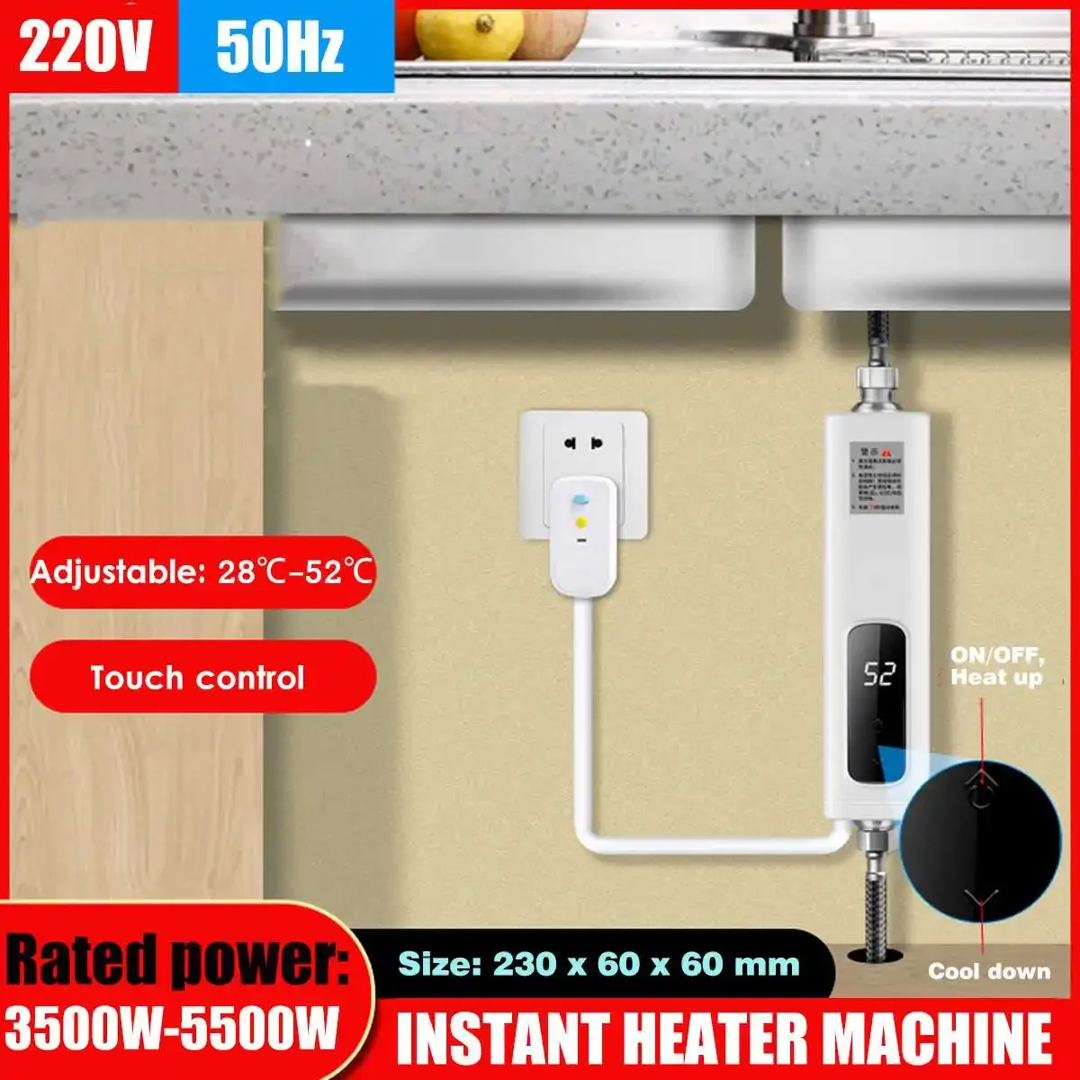 3500W Electric Water Heater Waterproof Mini Tankless Instantaneous Water Heater Kitchen Bathroom Shower Hot Water Fast Heating