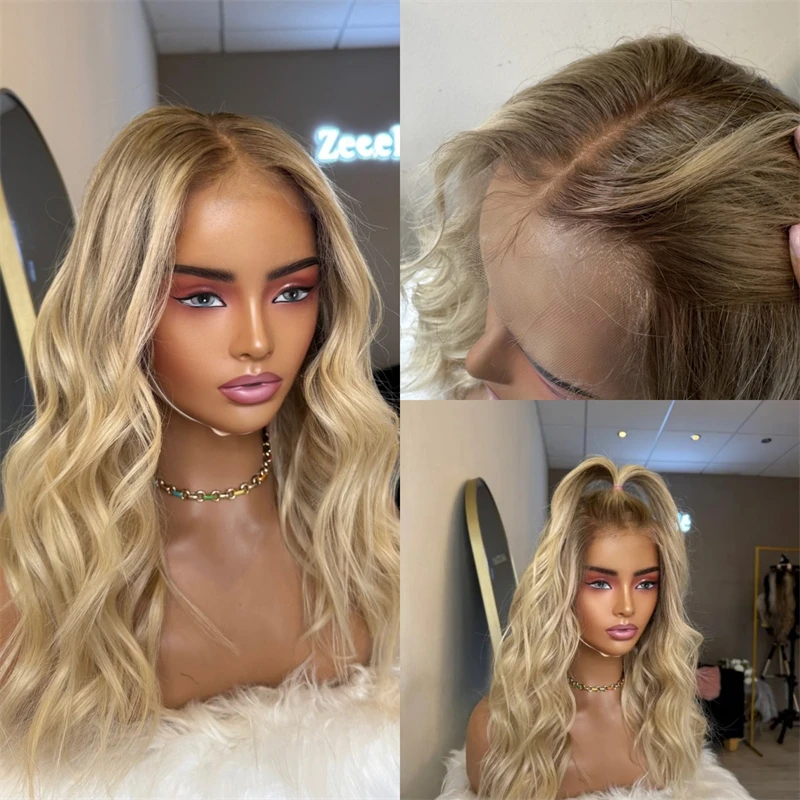 

Натуральная предварительно выщипанная линия волос 20 дюймов Ombre Золотистая блондинка Синтетический парик фронта шнурка 13x4 Свободная часть парика Термостойкое волокно Парик из волос