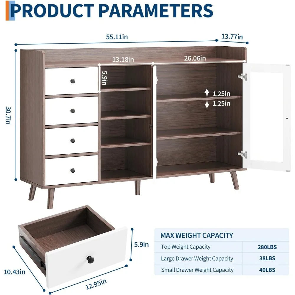 خزانة مع مساحة تخزين، 55.1 طاولة بار قهوة جانبية للمزرعة، مع 4 أرفف قابلة للتعديل، بابين زجاجيين، 4 أدراج، مود