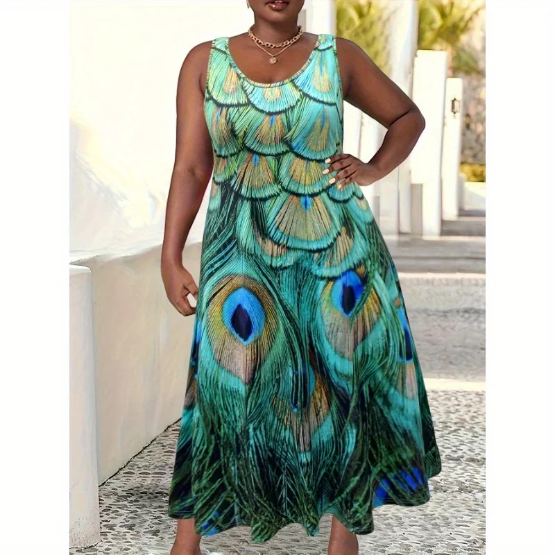 

Women's Plus Size Peacock Feather Casual Vest Suspender Dress
