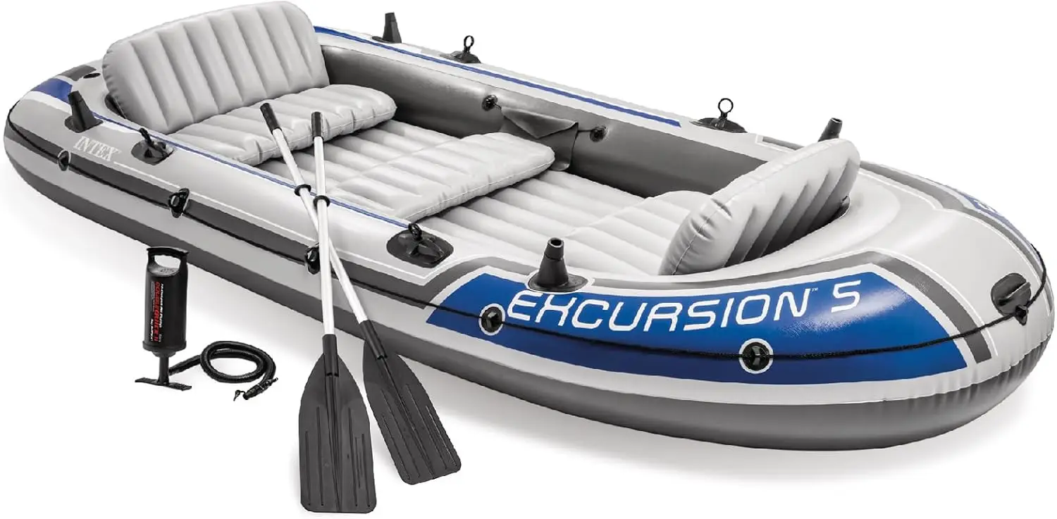 

Excursion Inflatable Boat Series: Includes Deluxe 54in Boat Oars and High-Output Pump – SuperTough PVC – Adjustable Seats