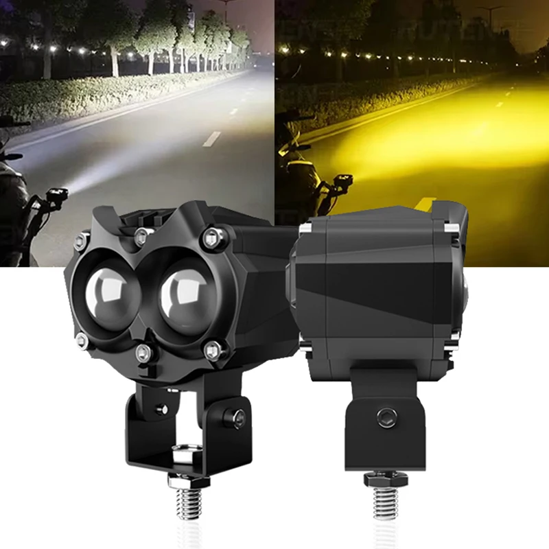 Motorcycle Spotlights LED Owl Model Design Dual Color White Yellow Auxiliary Flash Fog Lamp Headlight Universal For Buggy Car