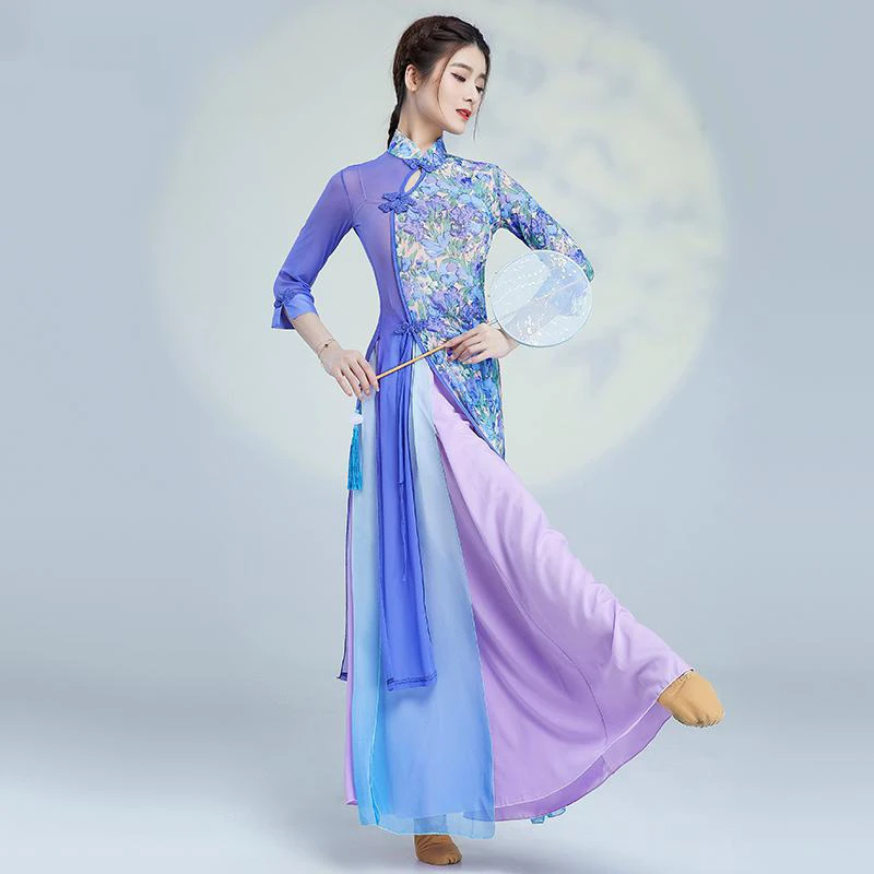 

Chinese Style Printed Cheongsam Classical Dance Gauze Dance Clothing Summer Skirt Elastic Top Professional Performance Clothing