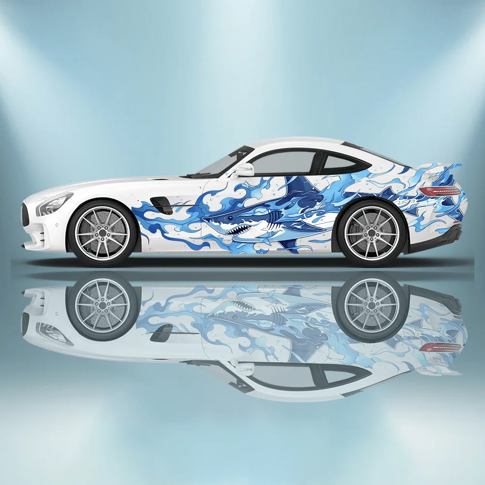 

Zebra-striped Shark with Lightning Car Decals Full-body Floral Decoration Scratches Protect Car Decals Waterproof Car Vinyl Wrap