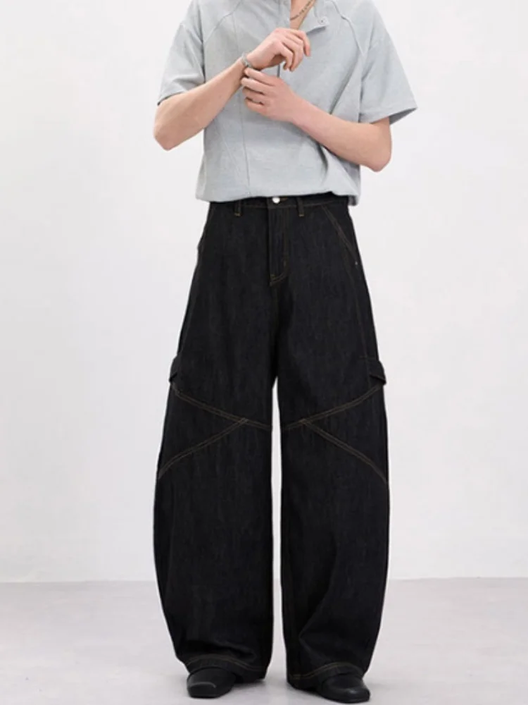 2026 New Retro Black Raw Denim Pants Contrast Stitch Curved Spliced Functional Design Loose Wide Leg Casual Trousers for