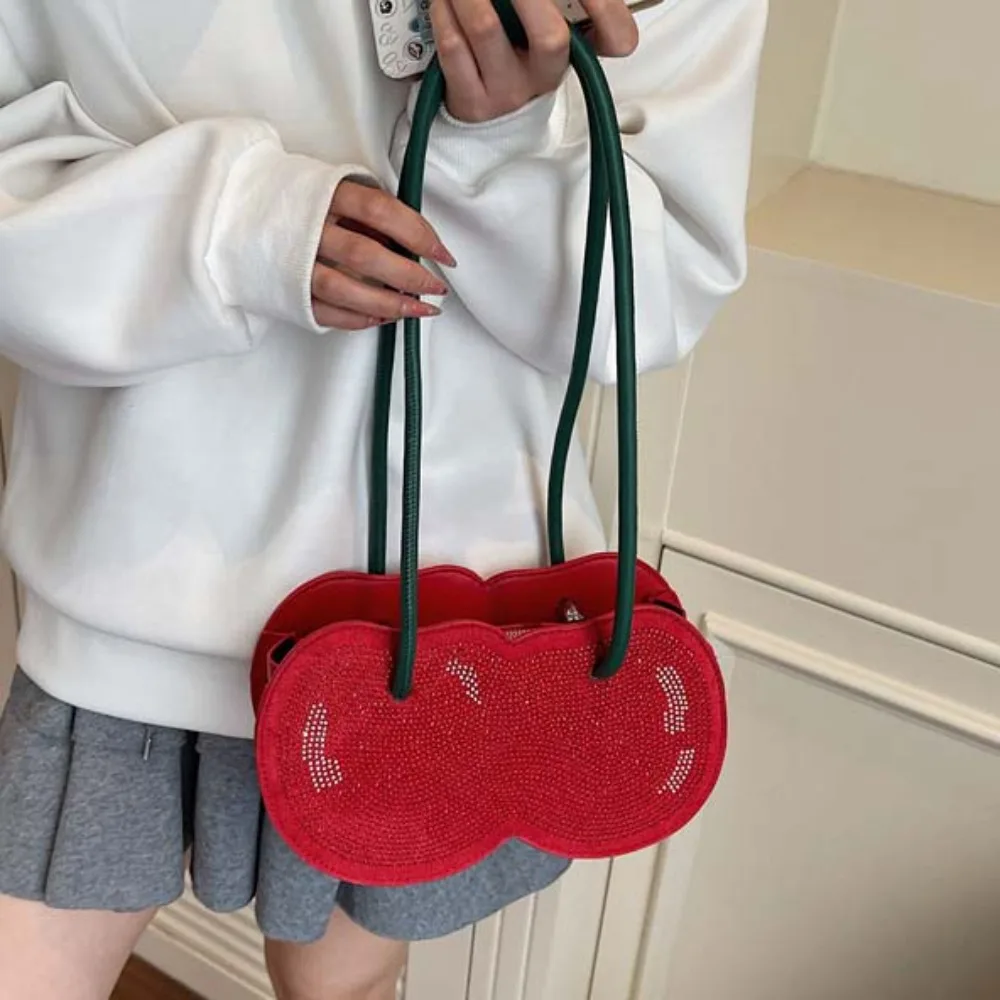 

Funny Sweet Cherry Shape Underarm Bag Large Capacity Creative Red Fruit Handbag Polyester Lightweight PU Rhinestone Bag Work