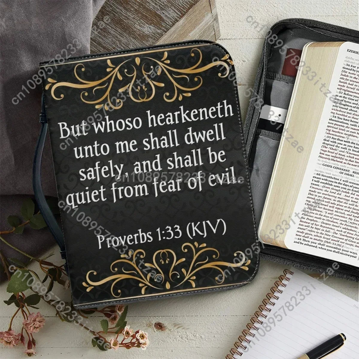 

Women's Leather Handbag Bible Hymn Excerpt Print Bible Storage Bags Zippered Handle Portable Bible Carrying Case Paquete Bíblico