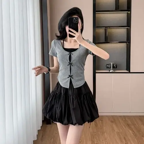 

Sweet Elegant Knot Top And Puffy Skirt Two-Piece Set Korean Style Summer Fashion Women's Polyester Fiber Short Sleeve