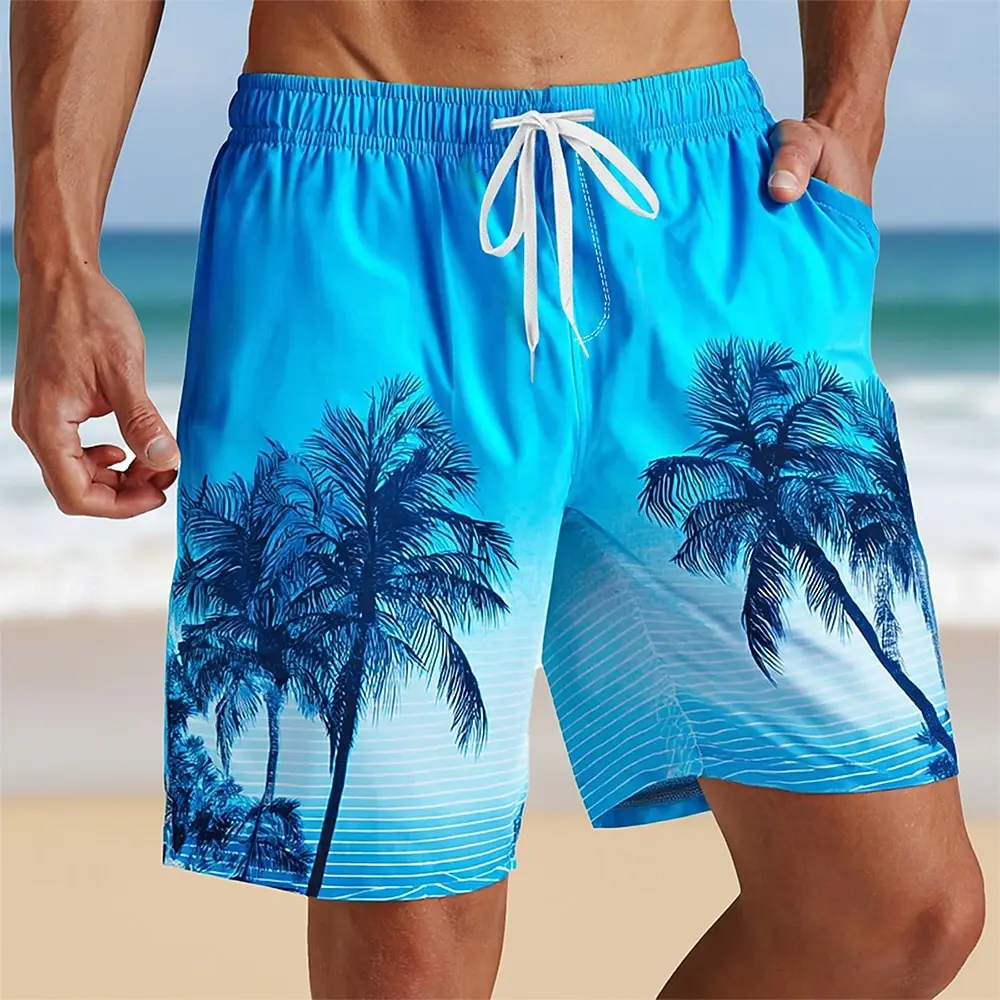 

Men's Gradient Color Tropical Plants & Coconut Tree Print Beach Shorts, Casual Shorts with Side Pockets,Vacation Wear for Summer