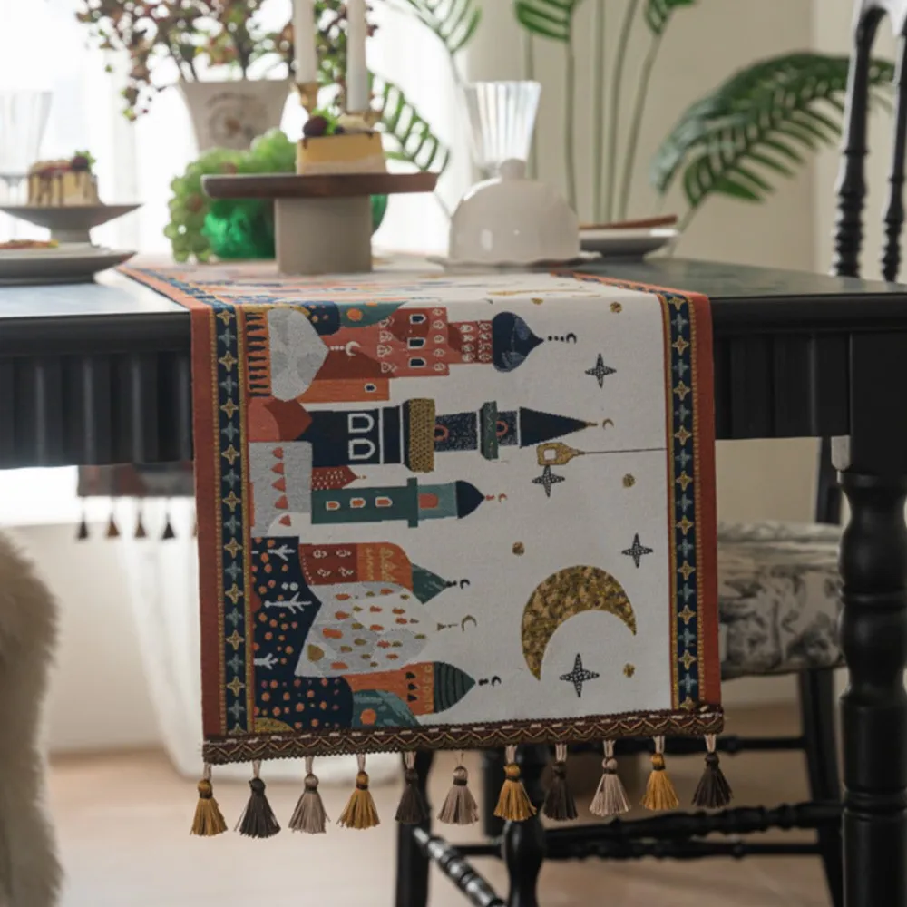 2026 عيد الفطر غزل مصبوغ الجاكار الجدول عداء البوليستر أضواء النجوم/الجمل/نمط القلعة شرابة تقليم السرير عداء/مفرش المائدة