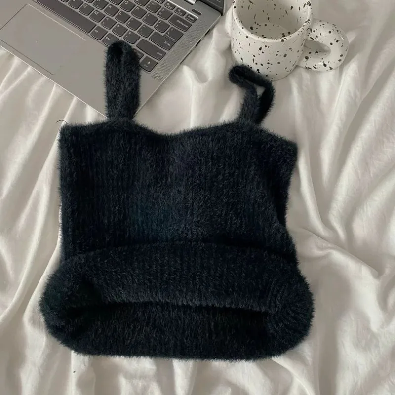 Sleeveless Knit Spaghetti Strap Tanks Unique Exquisite Beautiful Slim Camis Spice Girls Undershirt Fluffy Strapless Tees