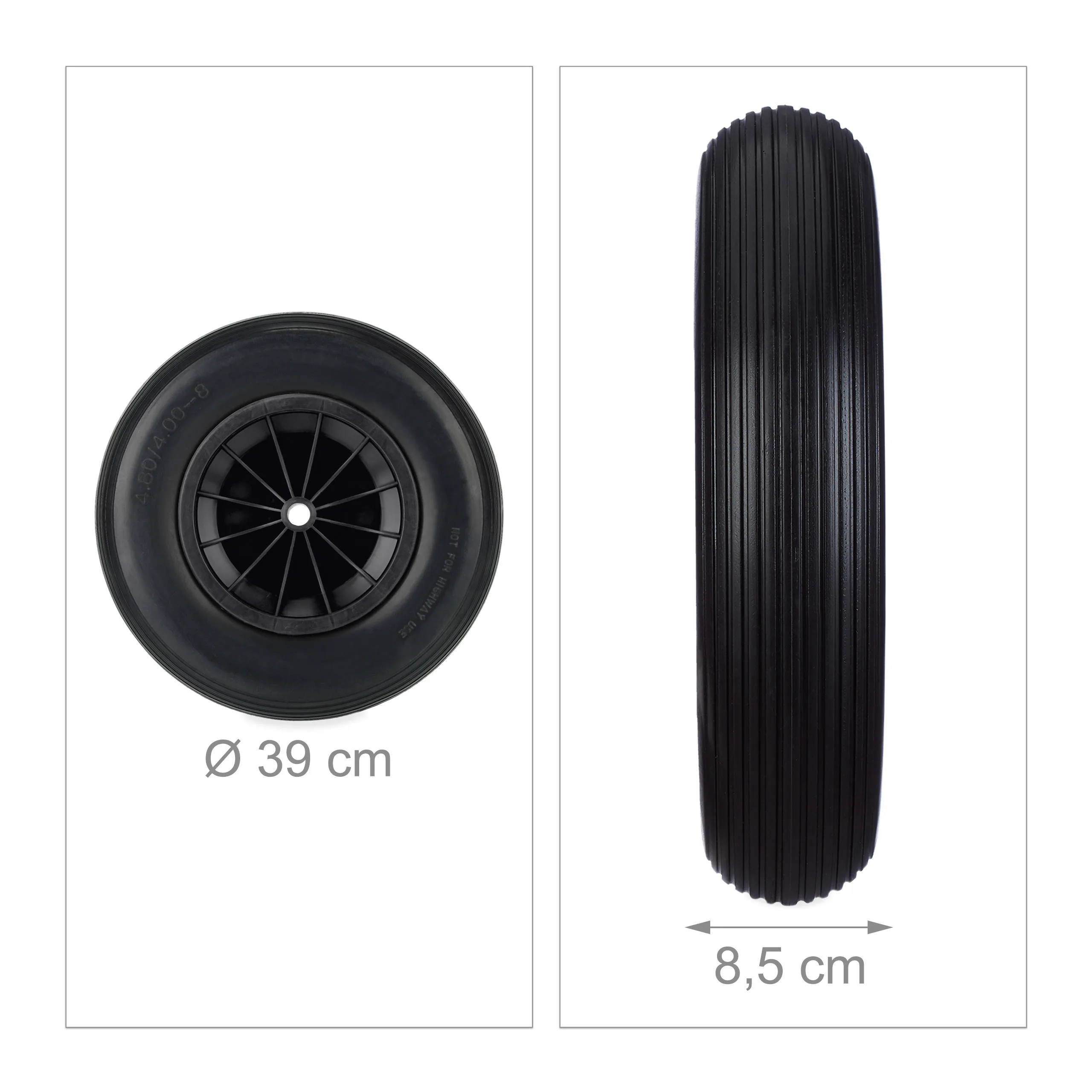 Rueda de carretilla, goma maciza antipinchazos, para carretillas y carros de jardín, 4.80/4.00-8, hasta 100 kg, llanta plástica, negra, Relaxdays