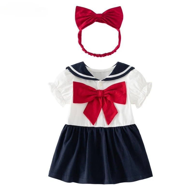 

2024 Navy Collar bow Tulle Little Girl Princess Dresses with Flower Headband Matching Outfit Toddler Baby Girls Uniform Clothes