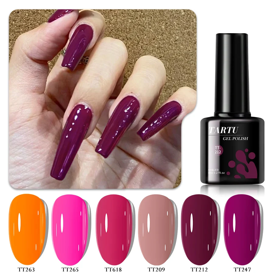 ชุดยาทาเล็บเจลกึ่งถาวร 6 สี ได้แก่ สีแดง สีน้ำเงิน สีเขียว สีชมพู สีครีม สีนู้ด และสีแดงอมน้ำตาล ทนความชื้น ป้องกันรังสียูวี/แอลอีดี