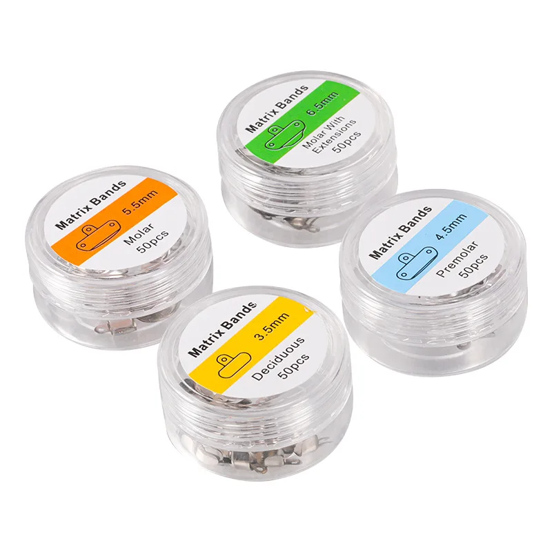 

50pcs Dental Matrix Bands Set Dental Contoured Metal Matrix Bands Kit for Teeth Restoration & Orthodontics 3.5/4.5/5.5/6.5mm