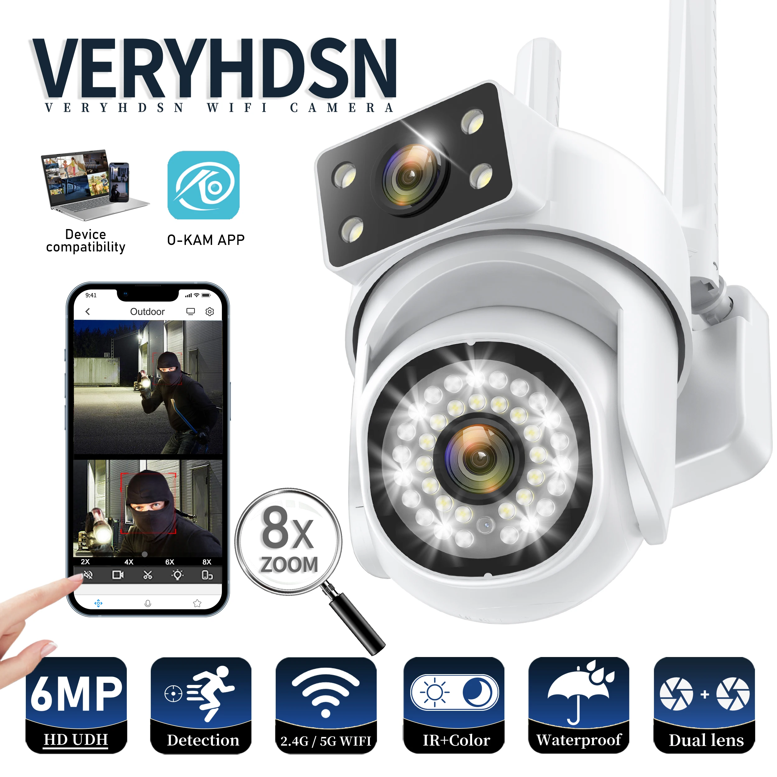 VERYHDSN HD 6MP PTZ Surveillance Camera Wifi Dual Lens Human Detect Cameras Outdoor Security Waterproof Full Color Night Vision