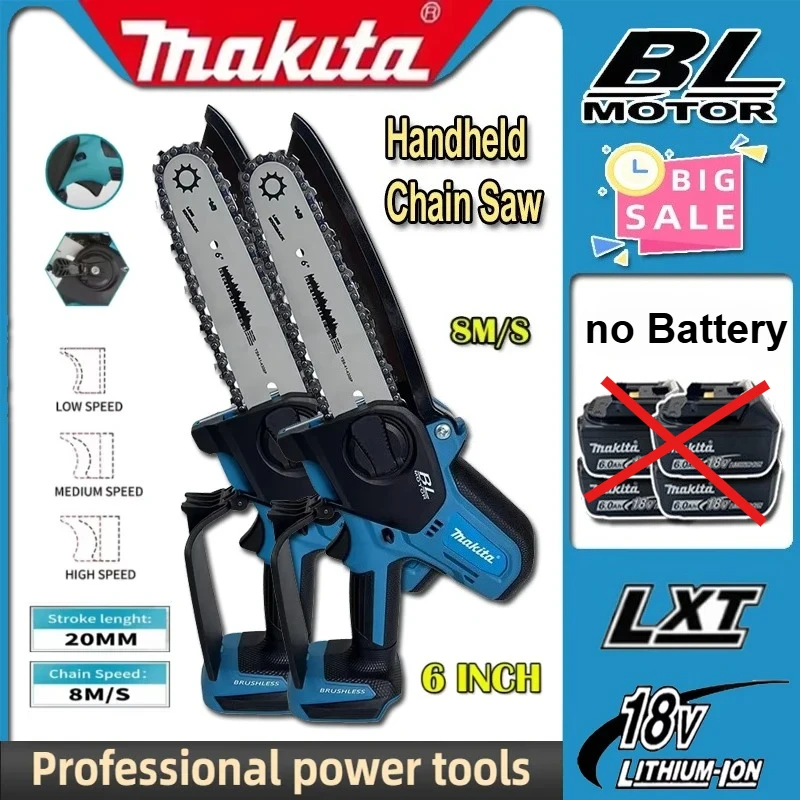 

Электрическая цепная пила Makita, портативная ручная пила для распиловки древесины, садовый инструмент для обрезки деревьев, работающий от 18-вольтовой батареи.