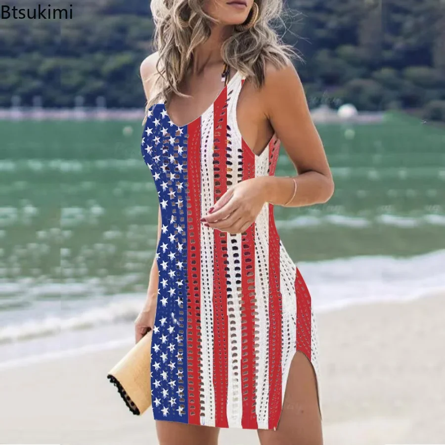 New 2024 Summer Mini Beach Dress for Women Star Flag Print Cover Ups Female Large Split Swimsuit Coverup Woman Beach Cover Up