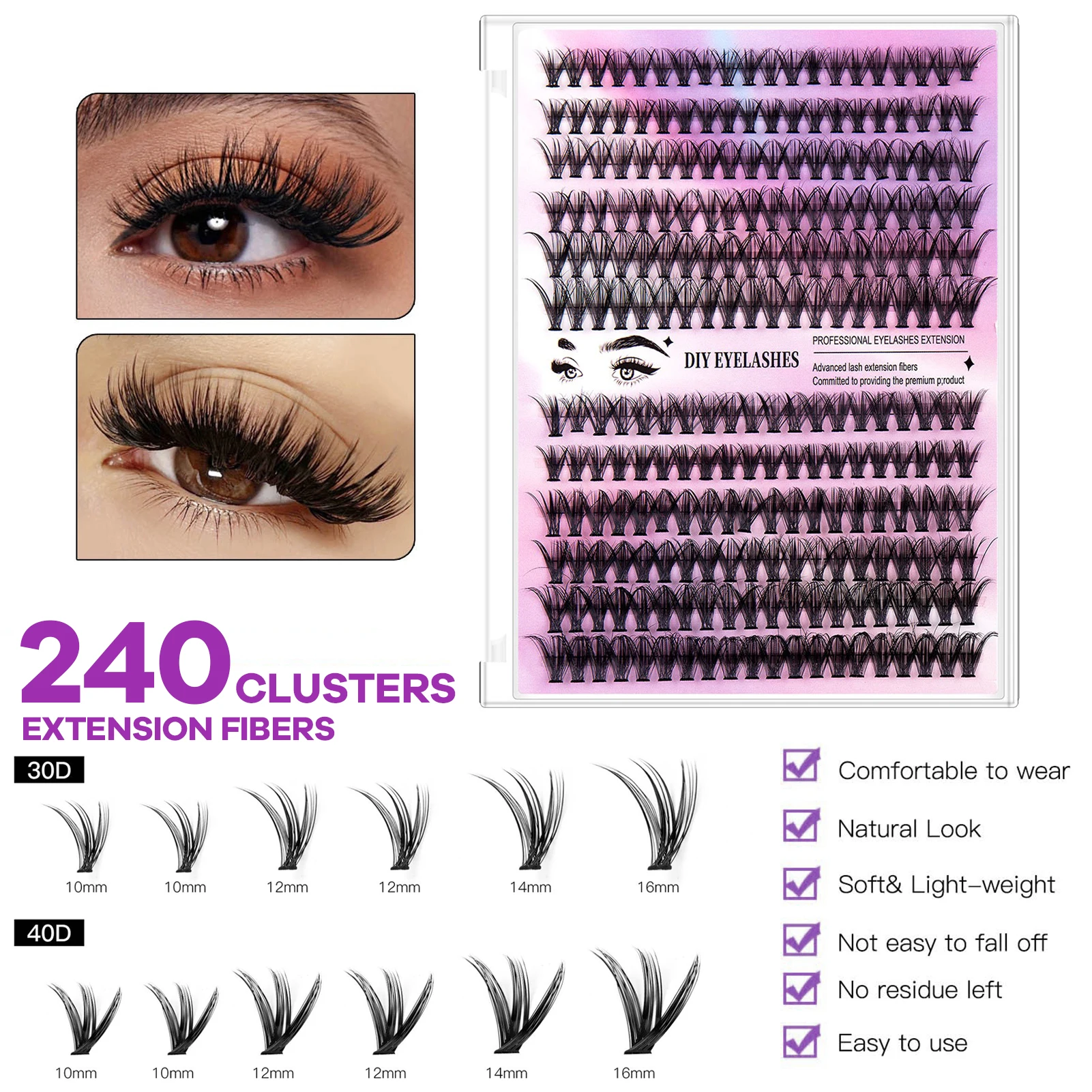 DIYセグメントつけまつげ ナチュラルルック 30D 40D まつげエクステ 再利用可能つけまつげセット ボンドとシール、ピンセット、ブラシ付き
